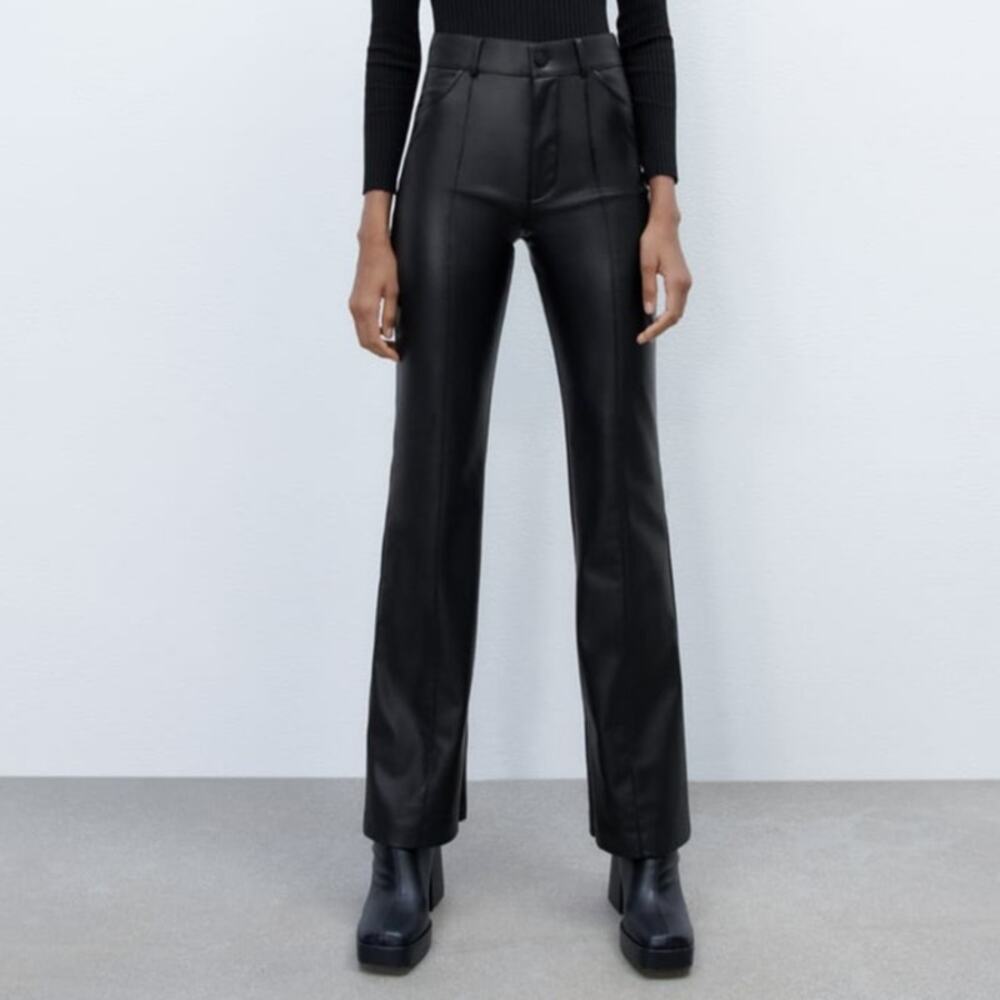 ZARA Faux Leather Pants Size Large Black Zipper Flare Vegan Mob Wife Bootcut NWT